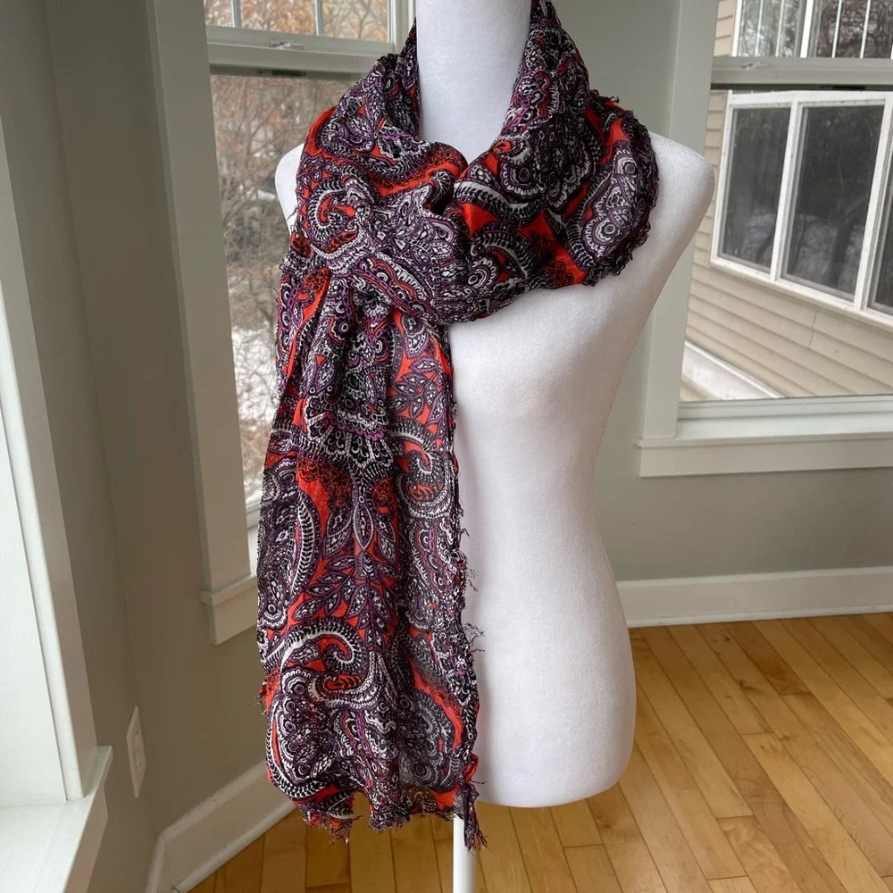 The Limited Violet Orange White Paisley Print Sheer Fringe Wrap Scarf